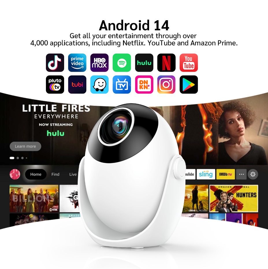 Android 14 Smart Portable Projector – Wi-Fi 6, Built-in Streaming Apps