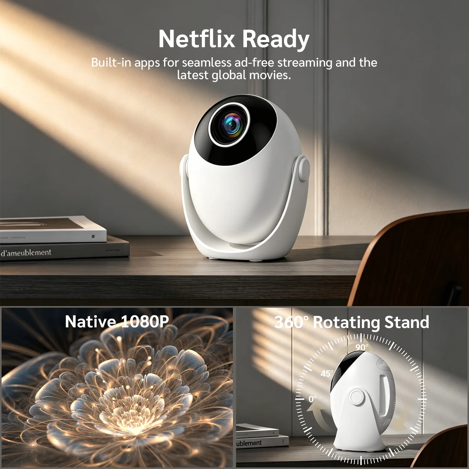 Android 14 Smart Portable Projector – Wi-Fi 6, Built-in Streaming Apps