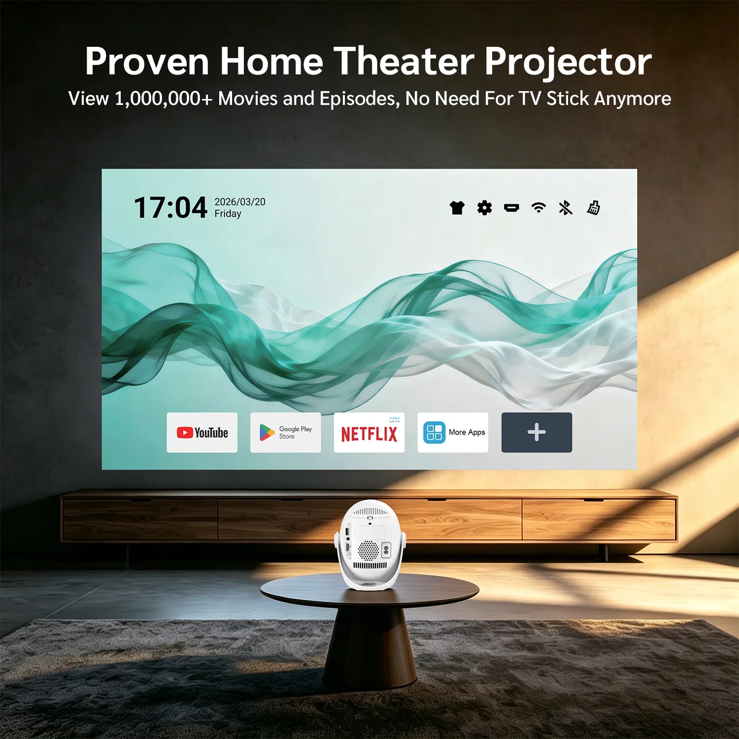 Android 14 Smart Portable Projector – Wi-Fi 6, Built-in Streaming Apps