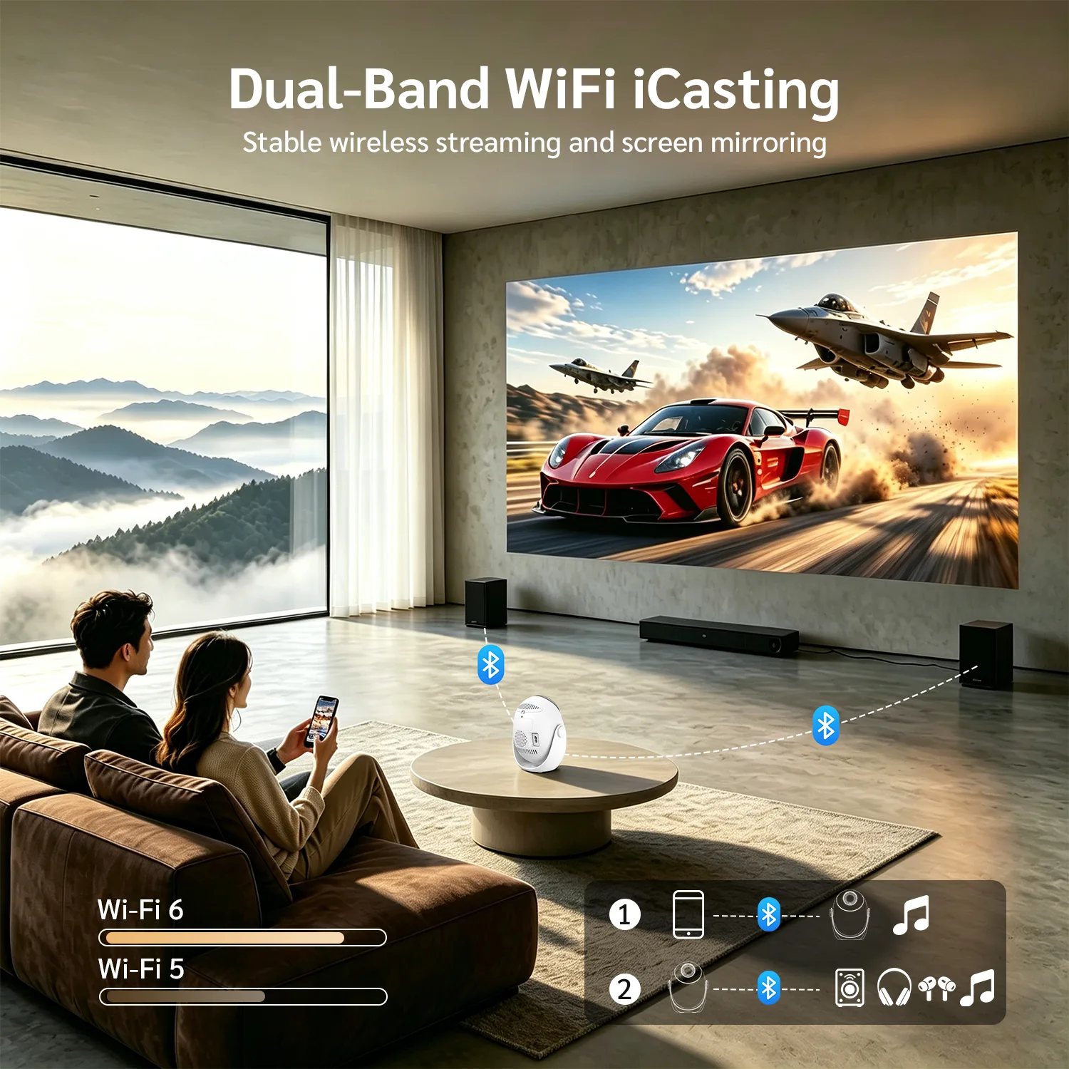 Android 14 Smart Portable Projector – Wi-Fi 6, Built-in Streaming Apps