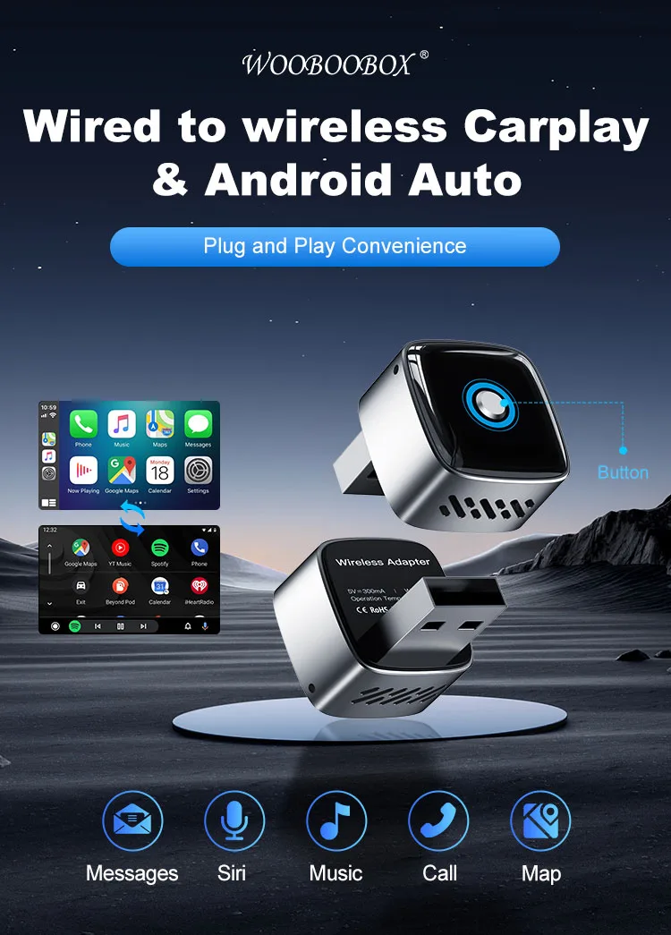 Wireless CarPlay & Android Auto Adapter – Wired-to-Wireless, Plug & Play