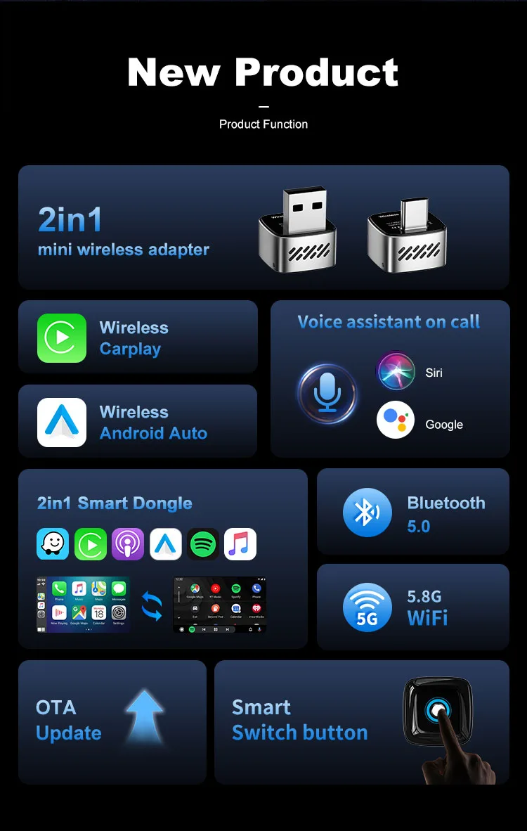 Wireless CarPlay & Android Auto Adapter – Wired-to-Wireless, Plug & Play