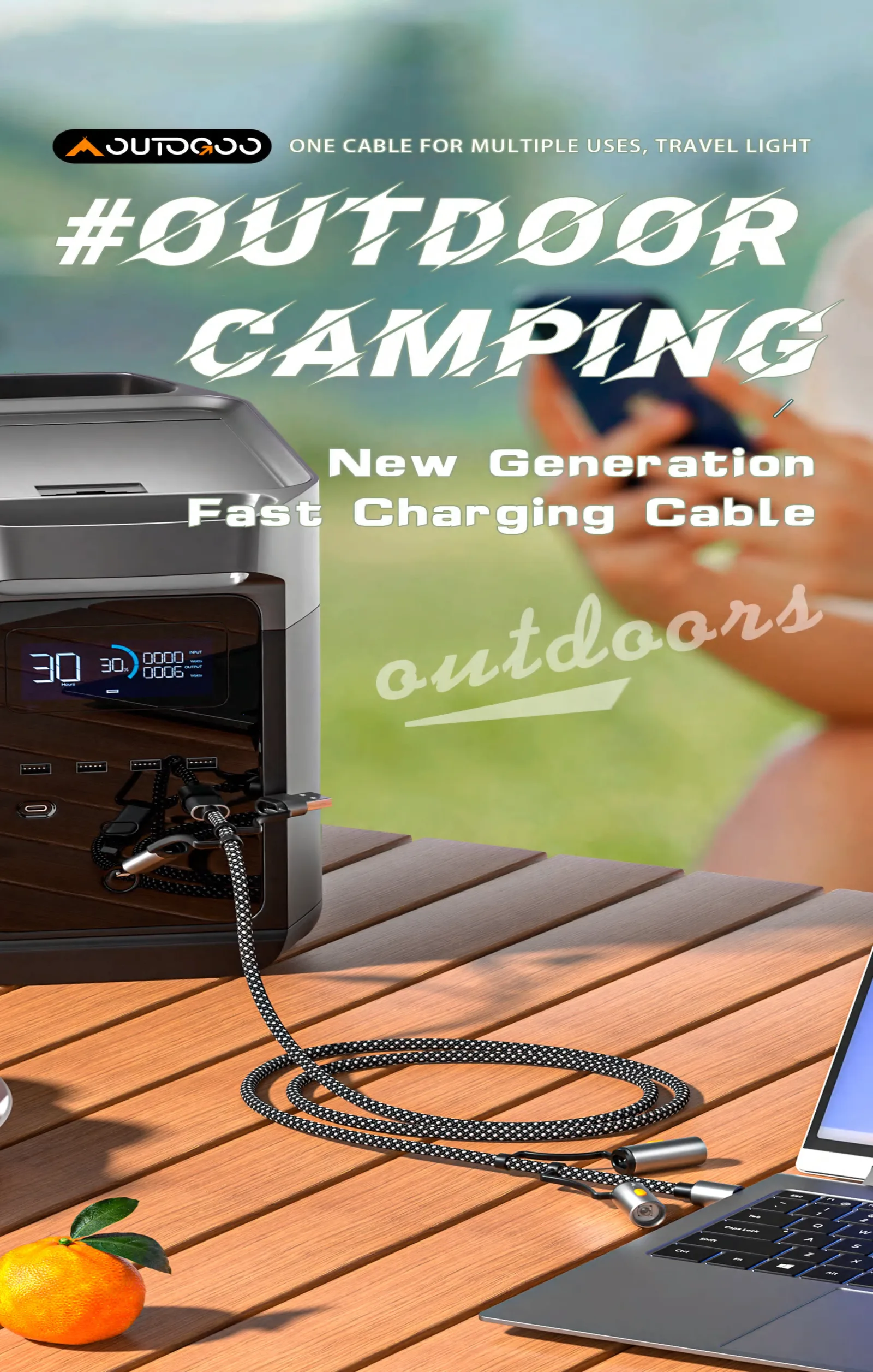 60W Outdoor Multi-Function Fast Charging Cable – 6-in-1 USB-A/Type-C/Lightning, LED Flashlight & SOS