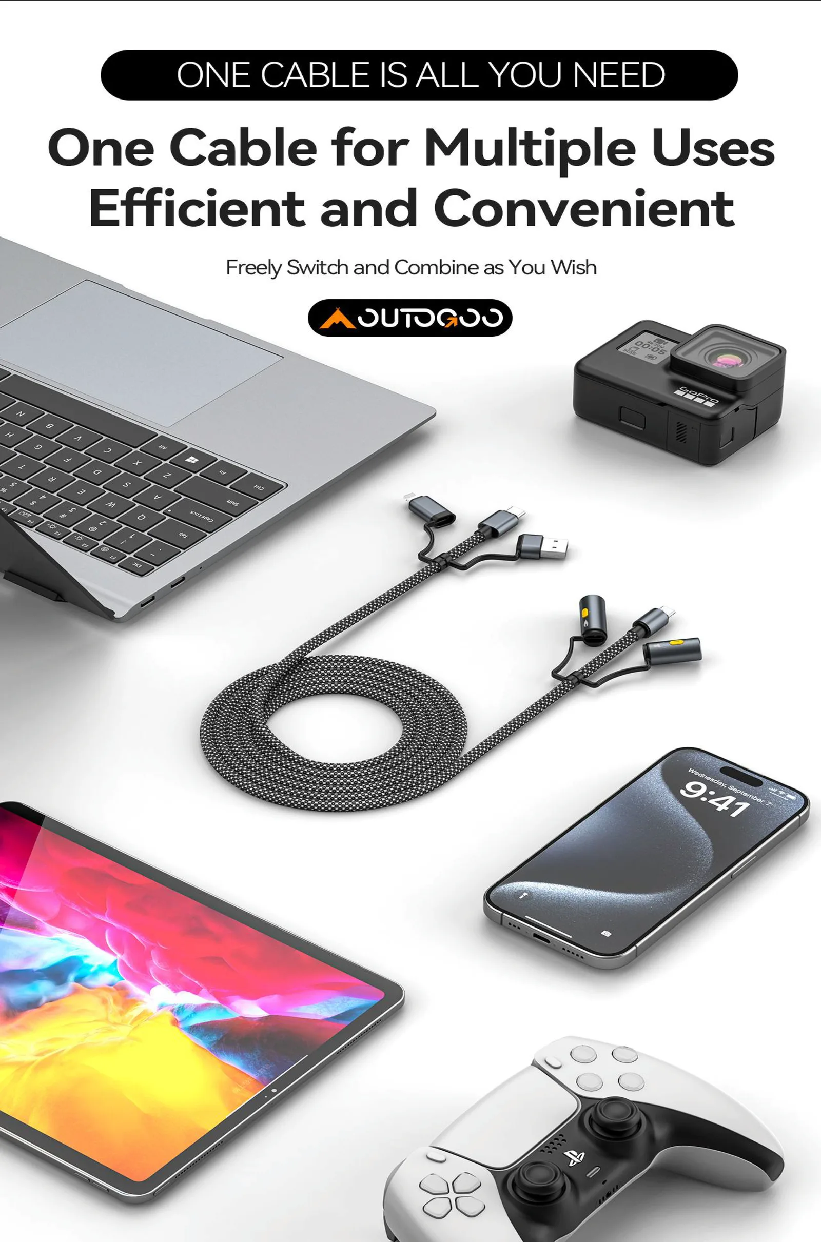 60W Outdoor Multi-Function Fast Charging Cable – 6-in-1 USB-A/Type-C/Lightning, LED Flashlight & SOS
