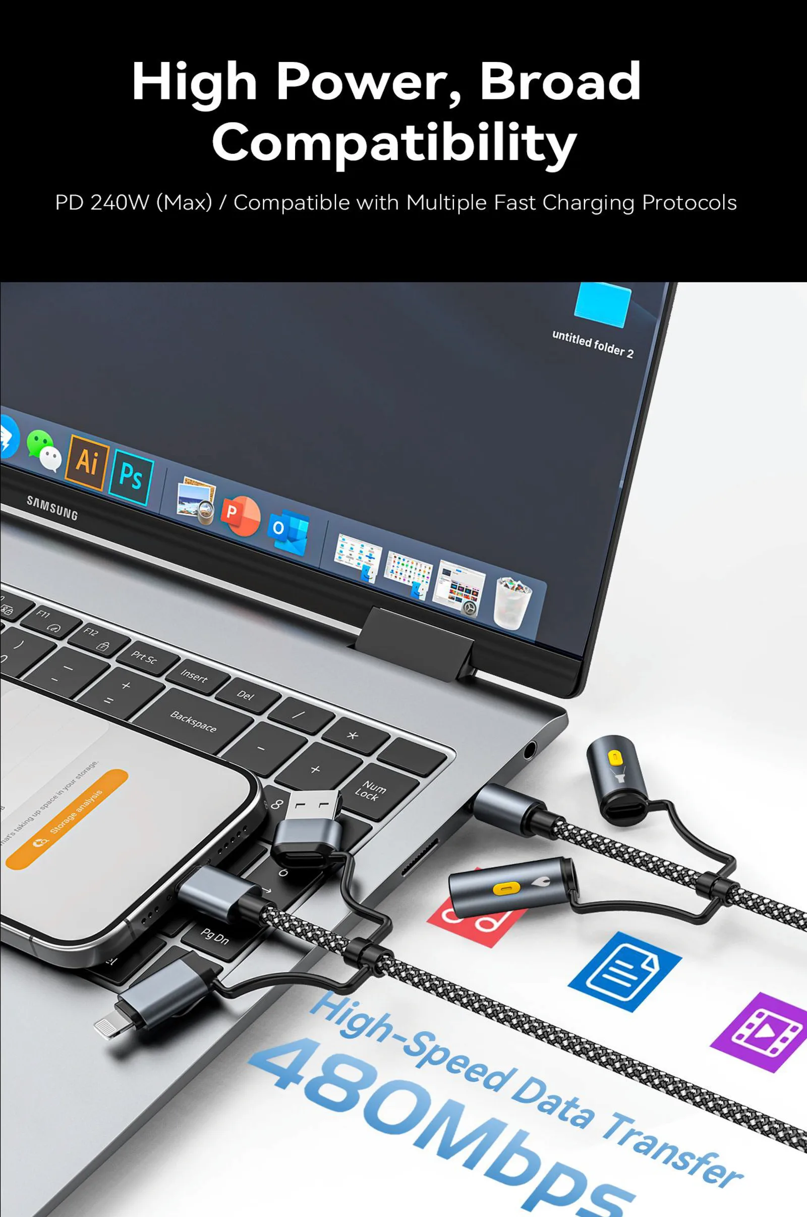 60W Outdoor Multi-Function Fast Charging Cable – 6-in-1 USB-A/Type-C/Lightning, LED Flashlight & SOS
