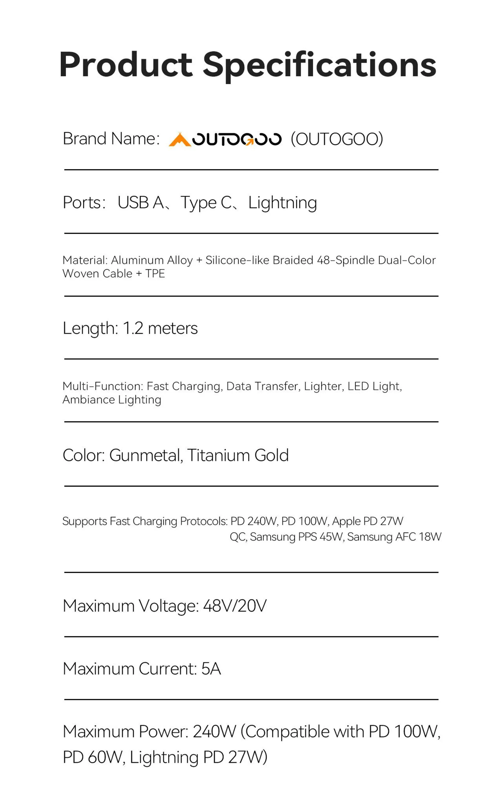 60W Outdoor Multi-Function Fast Charging Cable – 6-in-1 USB-A/Type-C/Lightning, LED Flashlight & SOS