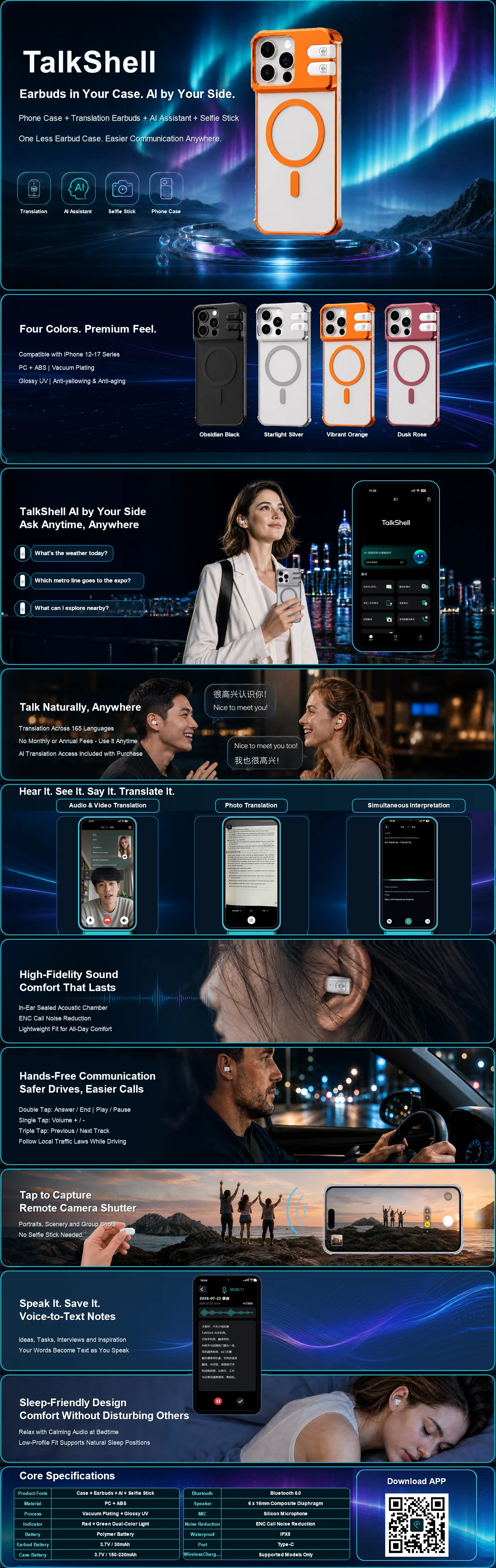 TalkShell AI Phone Case with Translation Earbuds – 165-Language Real-Time Translation, Bluetooth 6.0