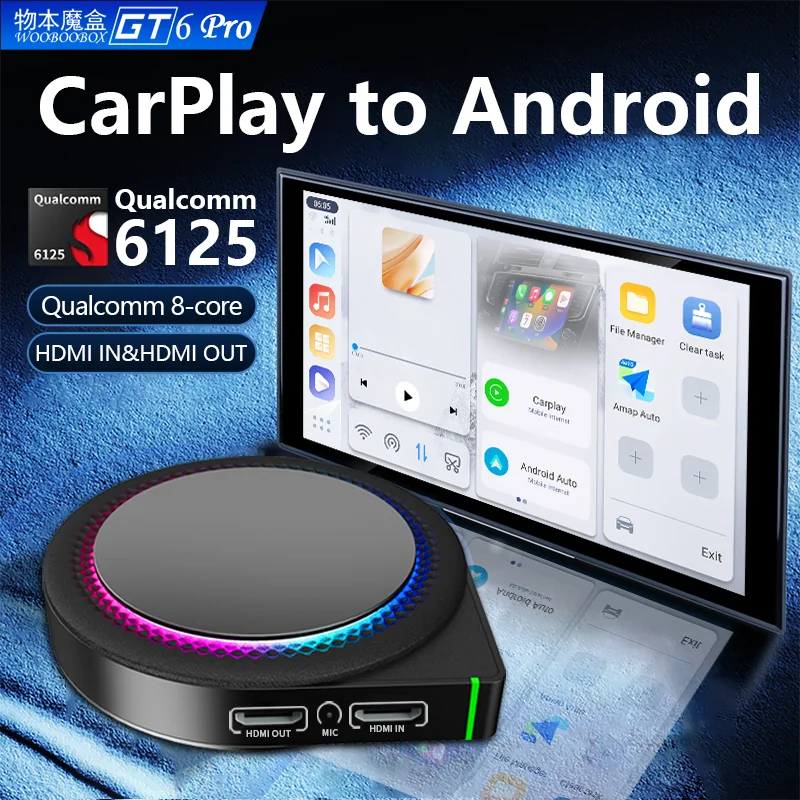 GT6PRO CarPlay AI Box – Android 13, Qualcomm 6125 Octa-Core, 4G, HDMI In/Out, Wireless CarPlay & Android Auto