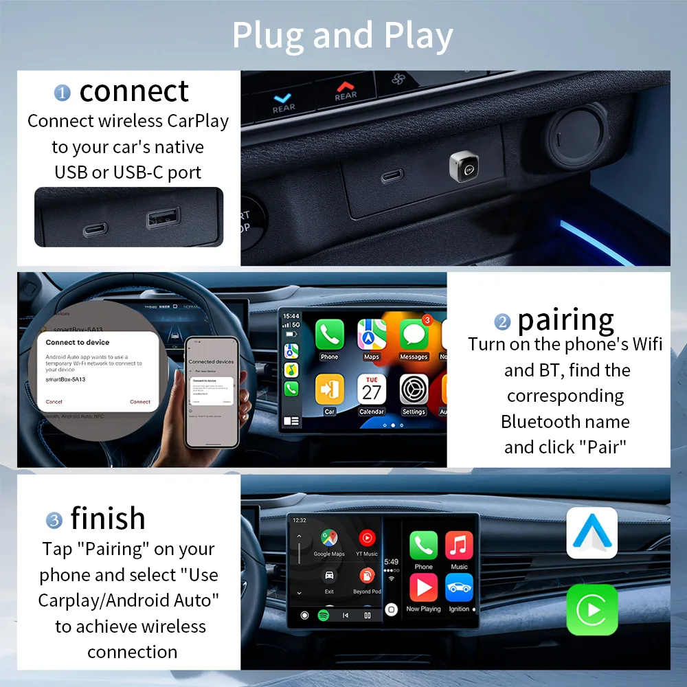 M5 Wired-to-Wireless CarPlay & Android Auto Adapter – Plug & Play, Auto-Connect, Firmware Update