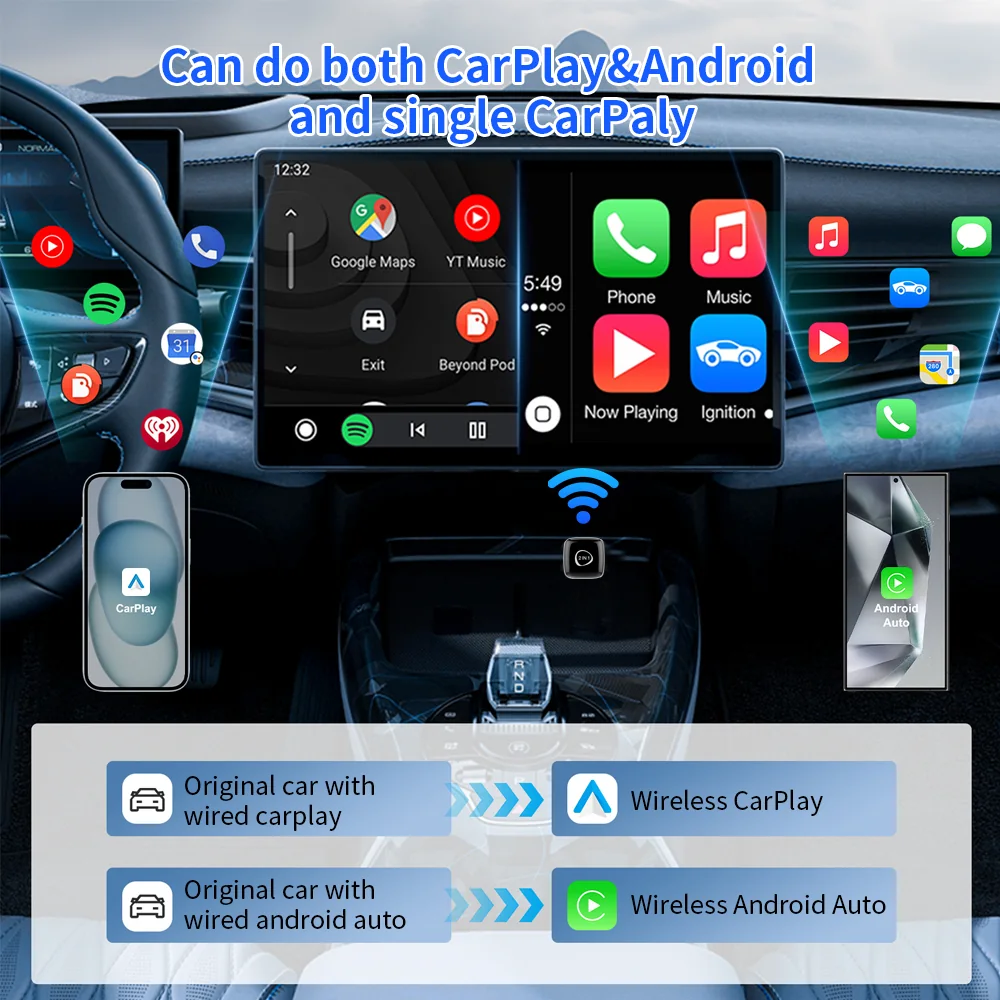 M5 Wired-to-Wireless CarPlay & Android Auto Adapter – Plug & Play, Auto-Connect, Firmware Update