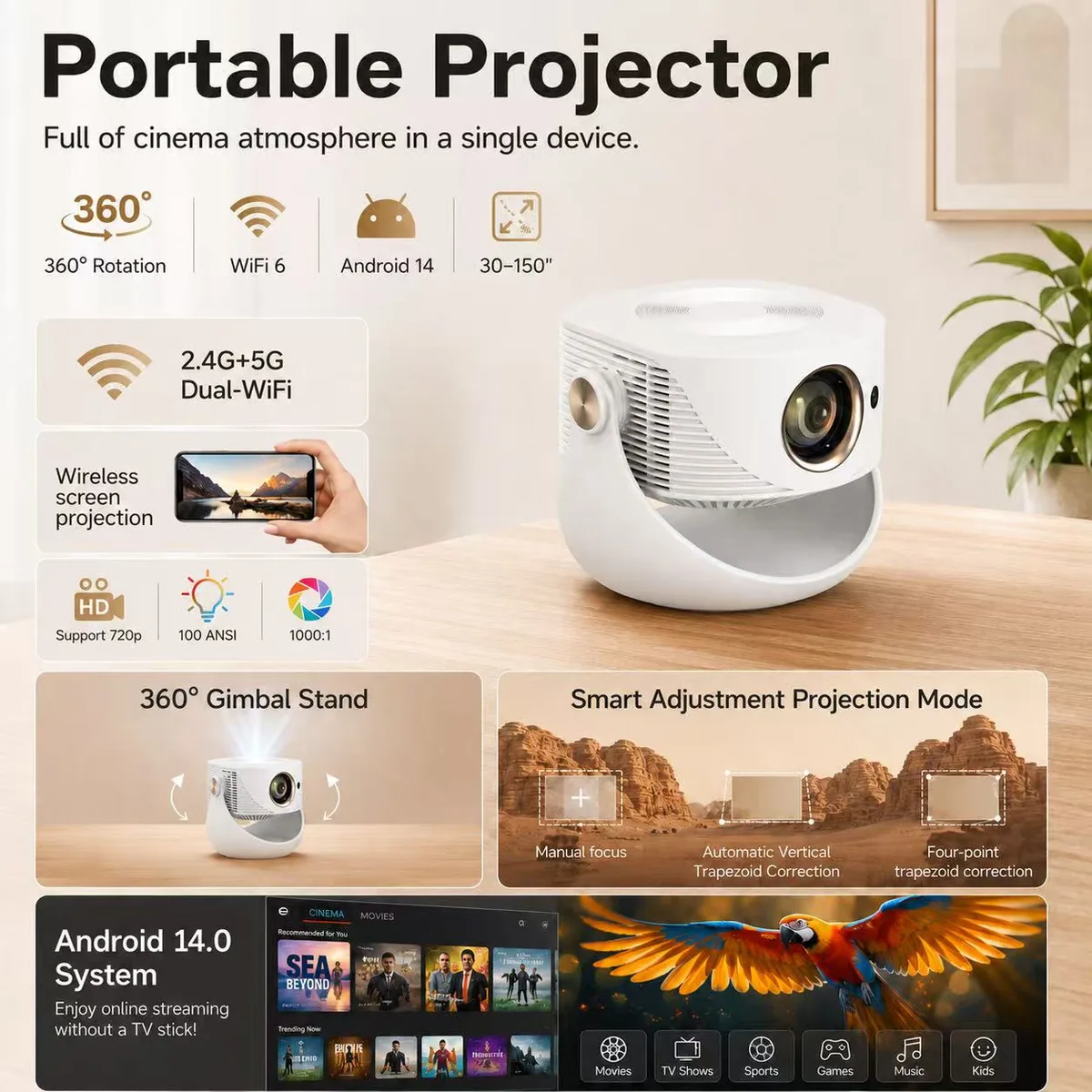 Portable Android 14 Projector – 360° Gimbal Stand, WiFi 6 + Bluetooth, 30–150" Screen, Auto Vertical Correction