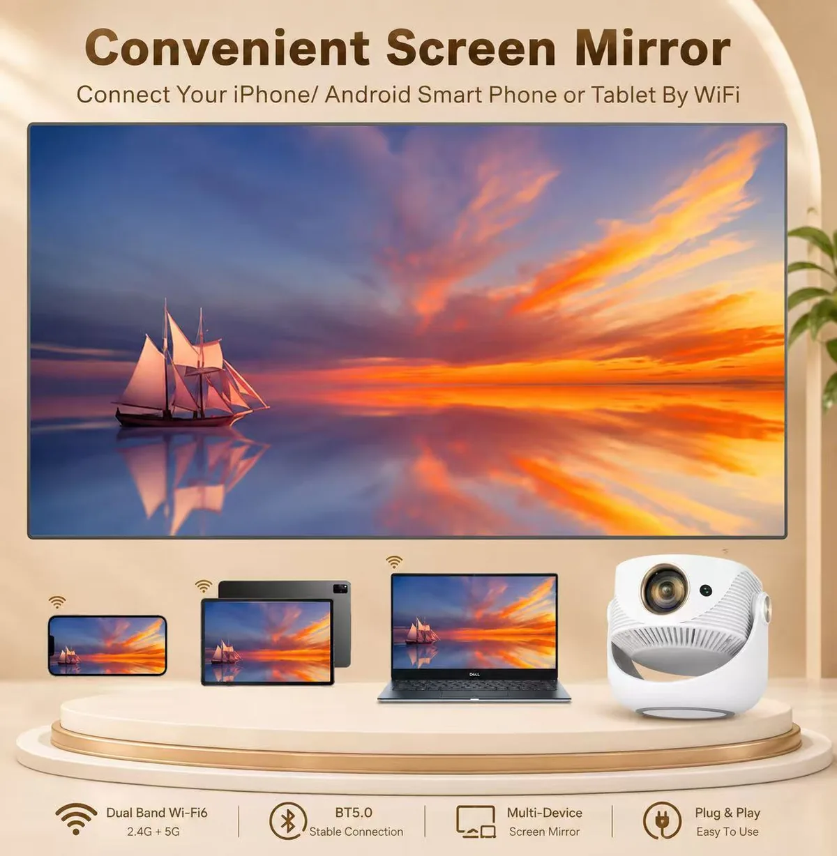 Portable Android 14 Projector – 360° Gimbal Stand, WiFi 6 + Bluetooth, 30–150" Screen, Auto Vertical Correction