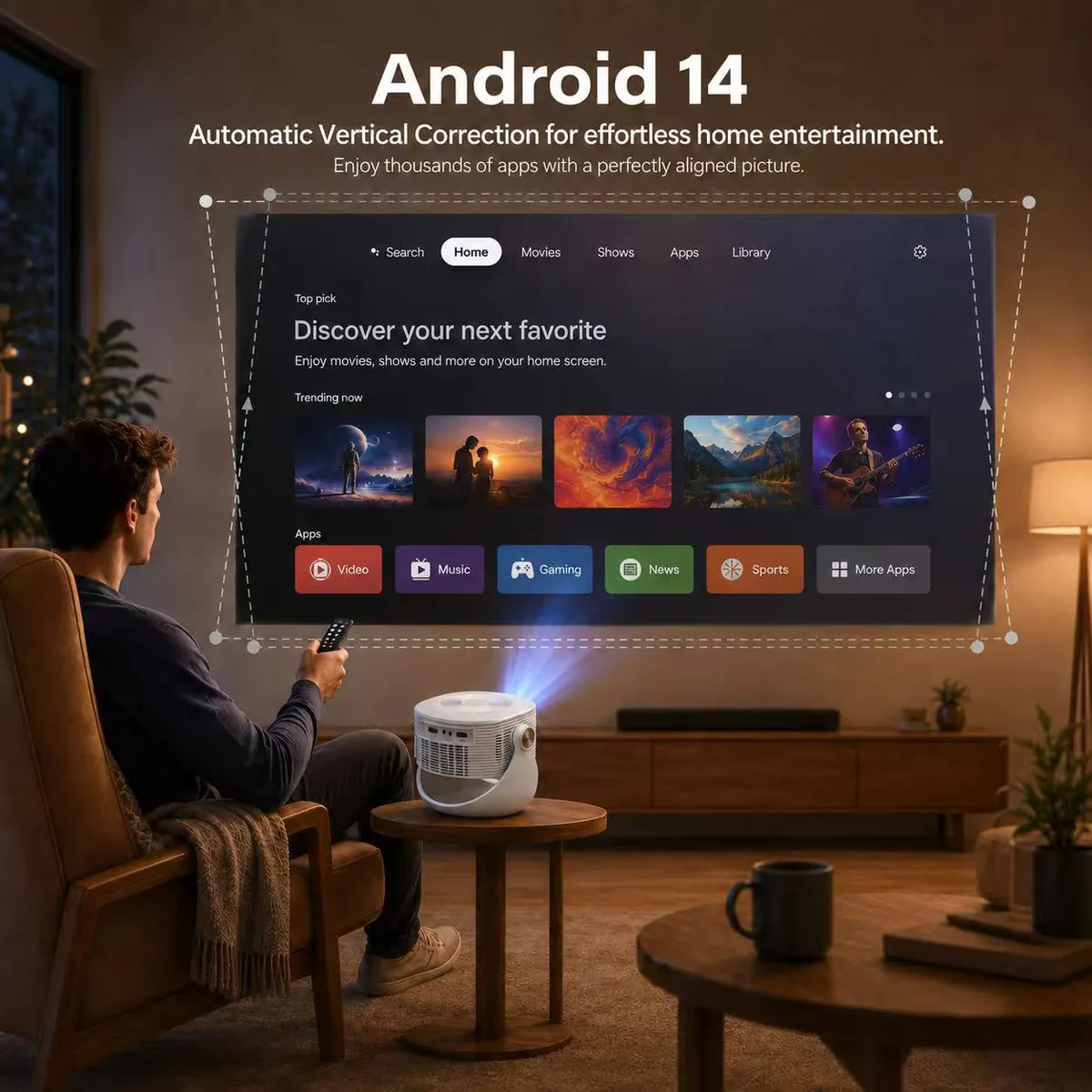 Portable Android 14 Projector – 360° Gimbal Stand, WiFi 6 + Bluetooth, 30–150" Screen, Auto Vertical Correction