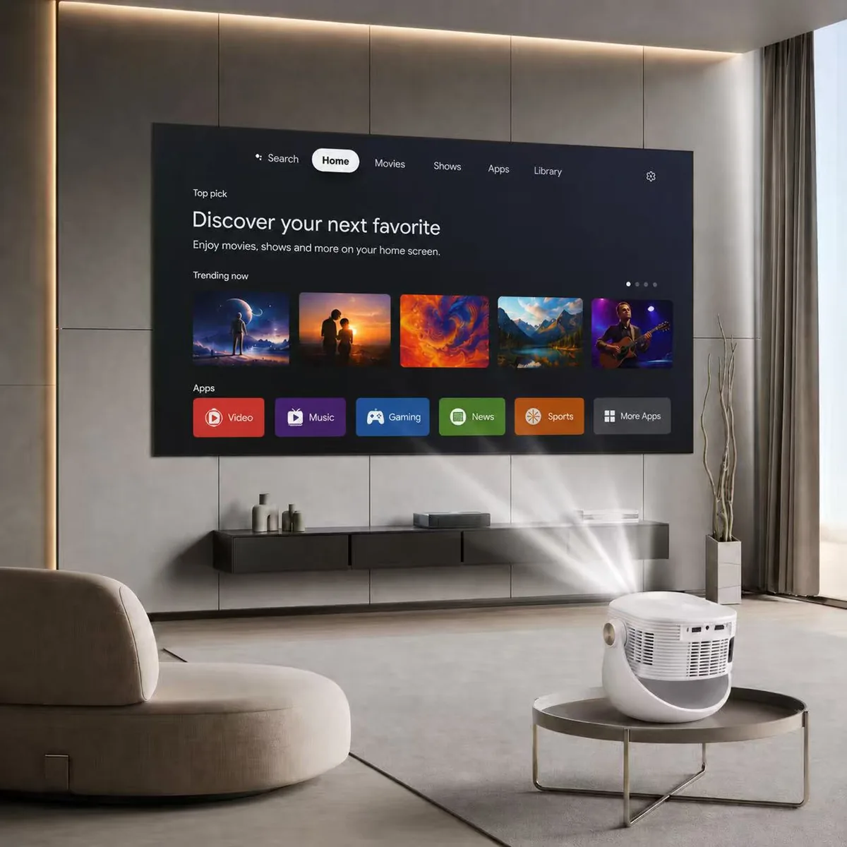 Portable Android 14 Projector – 360° Gimbal Stand, WiFi 6 + Bluetooth, 30–150" Screen, Auto Vertical Correction