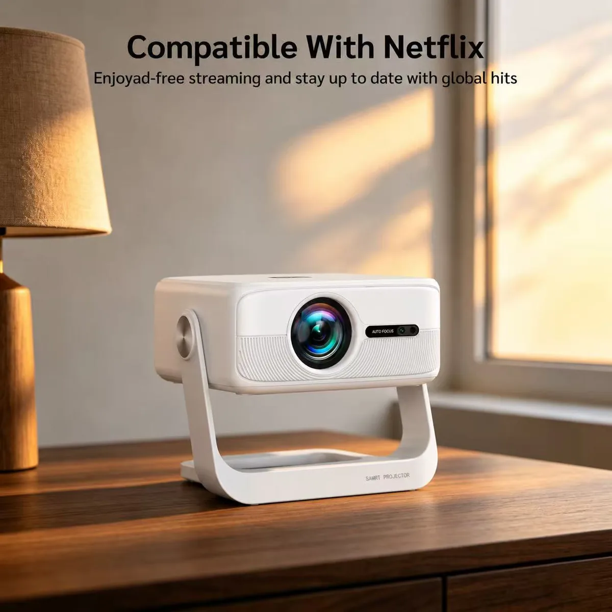 Smart Android 14 Projector – Native 1080P, Dual-Band WiFi, Bluetooth, 360° Rotating Stand, Auto Focus & Keystone