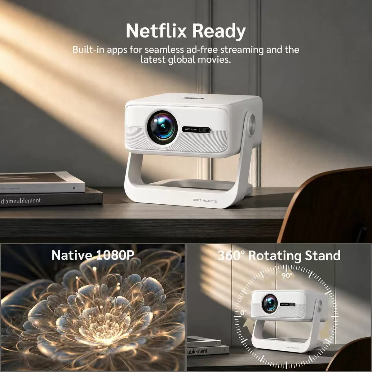 Smart Android 14 Projector – Native 1080P, Dual-Band WiFi, Bluetooth, 360° Rotating Stand, Auto Focus & Keystone