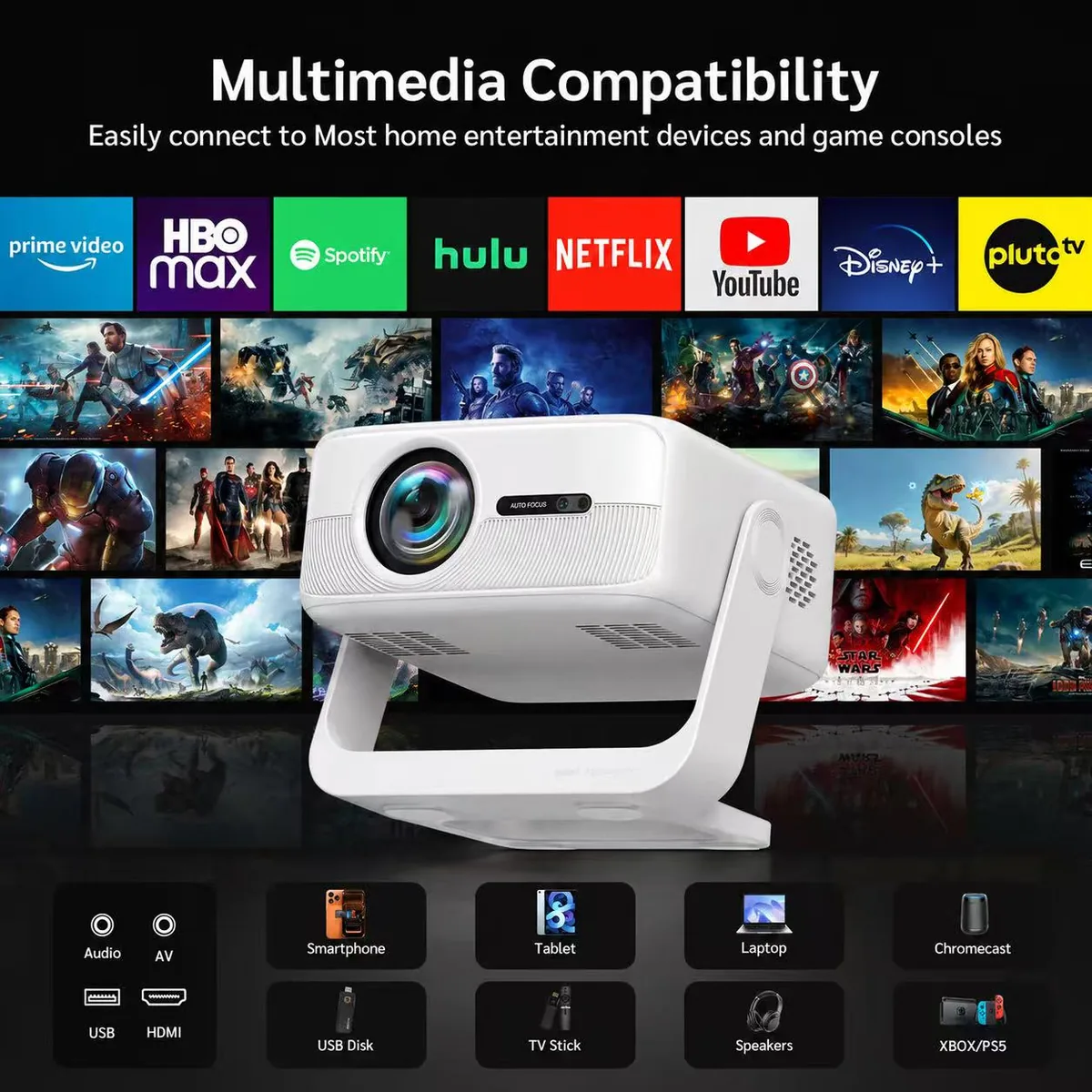 Smart Android 14 Projector – Native 1080P, Dual-Band WiFi, Bluetooth, 360° Rotating Stand, Auto Focus & Keystone