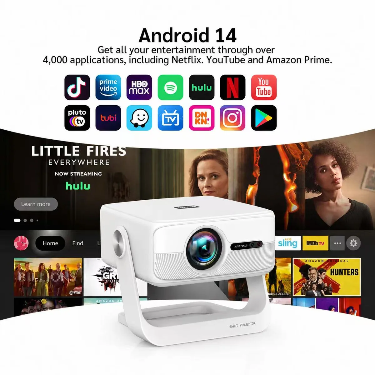 Smart Android 14 Projector – Native 1080P, Dual-Band WiFi, Bluetooth, 360° Rotating Stand, Auto Focus & Keystone