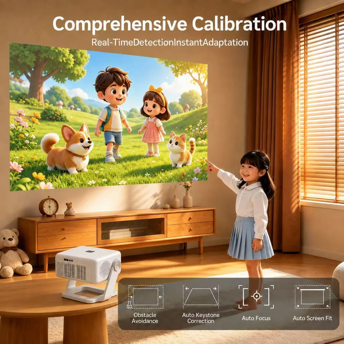 Smart Android 14 Projector – Native 1080P, Dual-Band WiFi, Bluetooth, 360° Rotating Stand, Auto Focus & Keystone