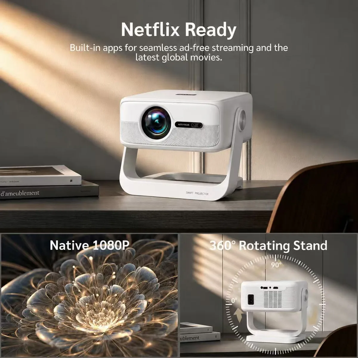 Smart Android 14 Projector – Native 1080P, Dual-Band WiFi, Bluetooth, 360° Rotating Stand, Auto Focus & Keystone