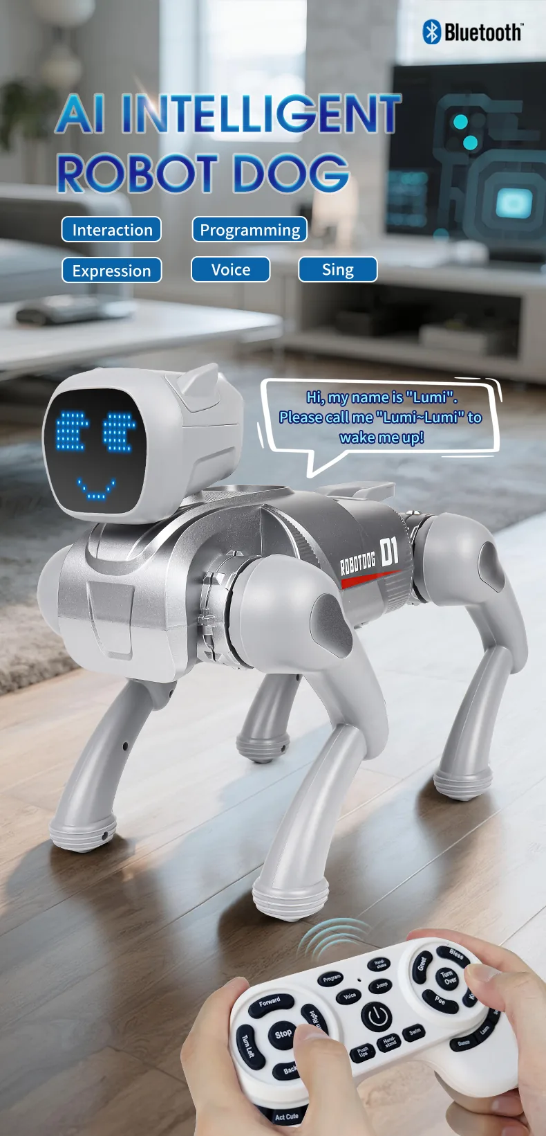 AI Smart Robot Dog – Voice Control, Programmable, 2.4GHz Remote + App, 6 Expressions (Silver / Pink)