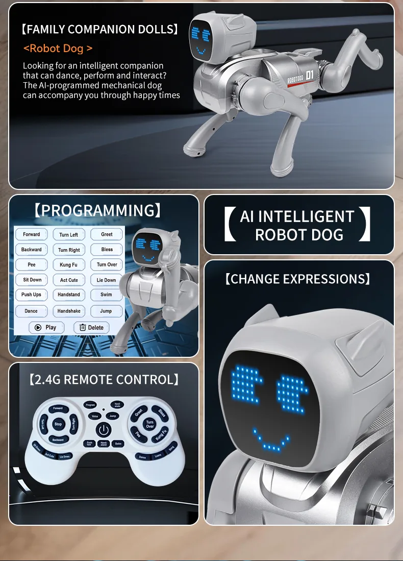 AI Smart Robot Dog – Voice Control, Programmable, 2.4GHz Remote + App, 6 Expressions (Silver / Pink)