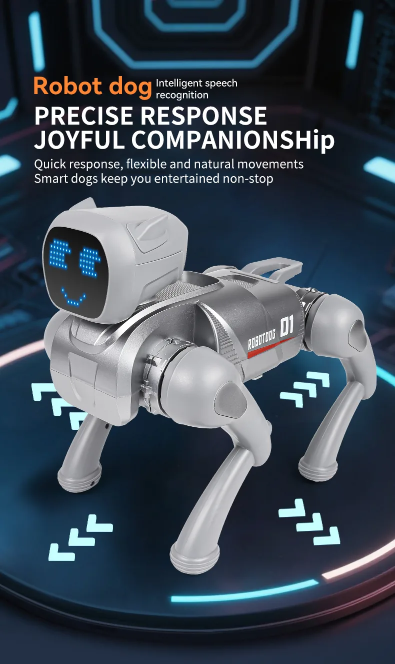 AI Smart Robot Dog – Voice Control, Programmable, 2.4GHz Remote + App, 6 Expressions (Silver / Pink)