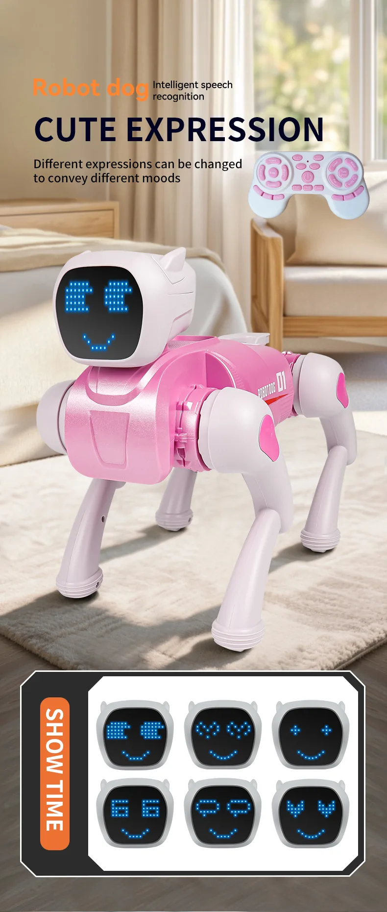 AI Smart Robot Dog – Voice Control, Programmable, 2.4GHz Remote + App, 6 Expressions (Silver / Pink)