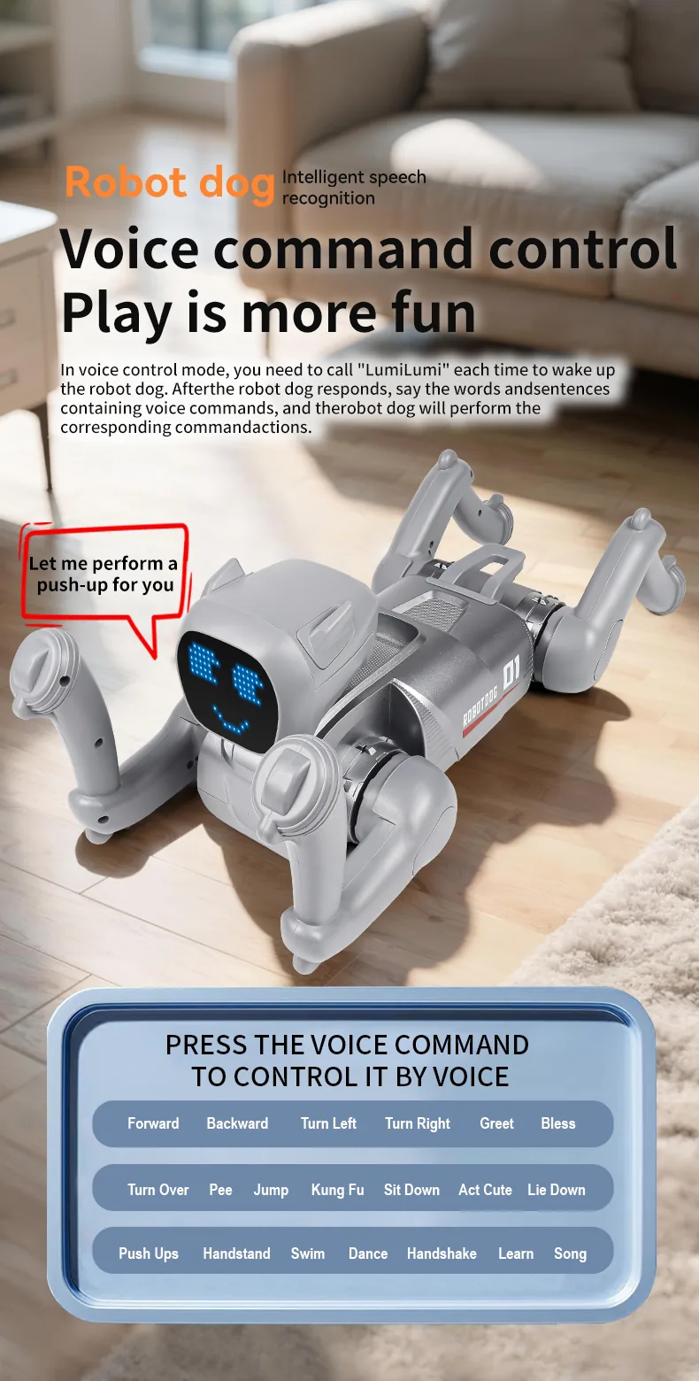 AI Smart Robot Dog – Voice Control, Programmable, 2.4GHz Remote + App, 6 Expressions (Silver / Pink)