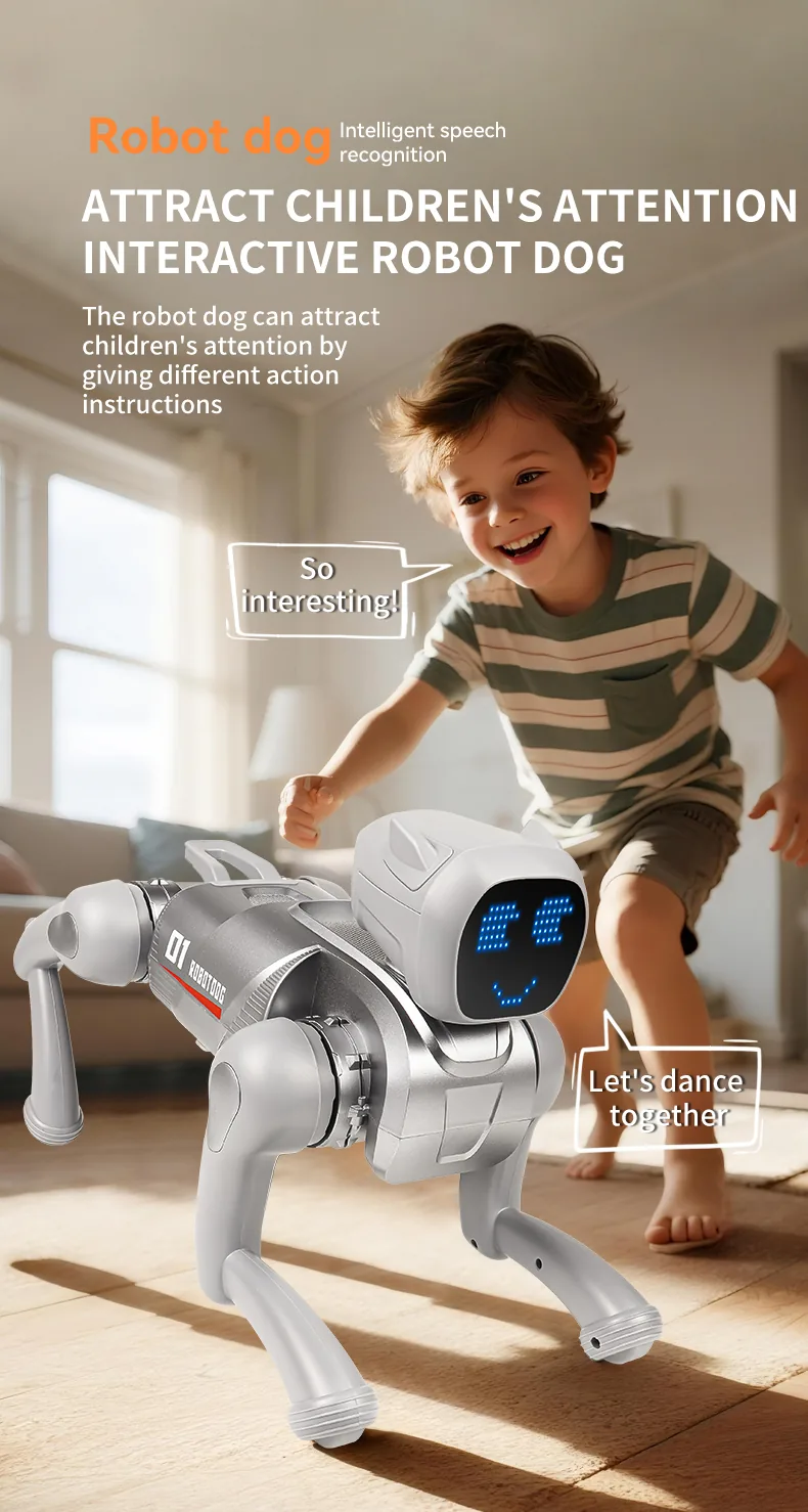 AI Smart Robot Dog – Voice Control, Programmable, 2.4GHz Remote + App, 6 Expressions (Silver / Pink)