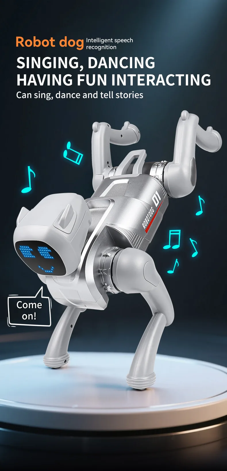AI Smart Robot Dog – Voice Control, Programmable, 2.4GHz Remote + App, 6 Expressions (Silver / Pink)