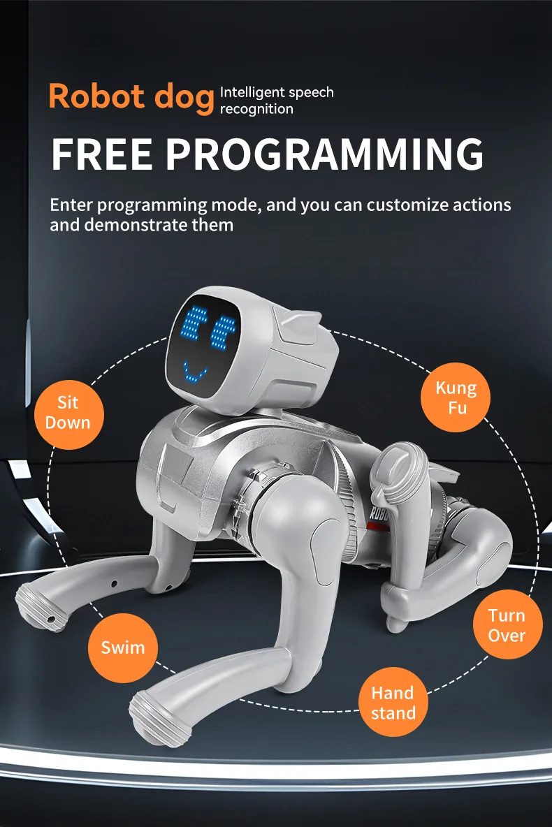 AI Smart Robot Dog – Voice Control, Programmable, 2.4GHz Remote + App, 6 Expressions (Silver / Pink)