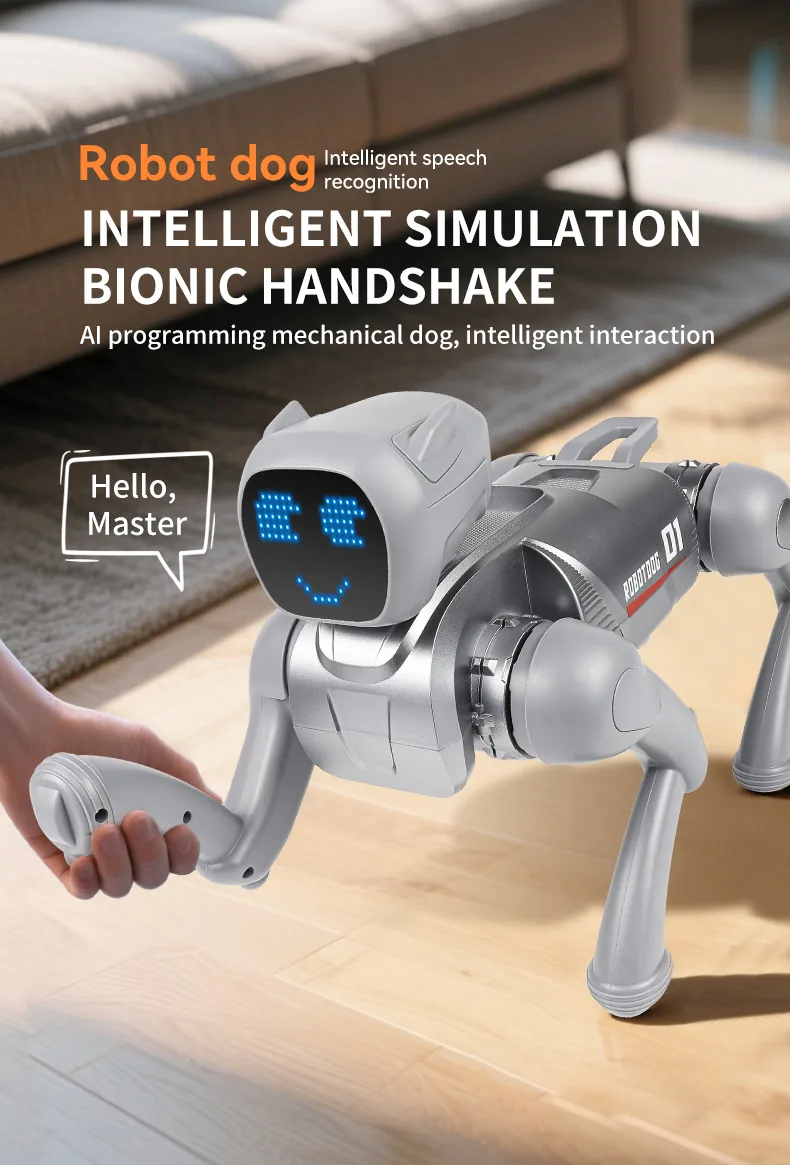 AI Smart Robot Dog – Voice Control, Programmable, 2.4GHz Remote + App, 6 Expressions (Silver / Pink)