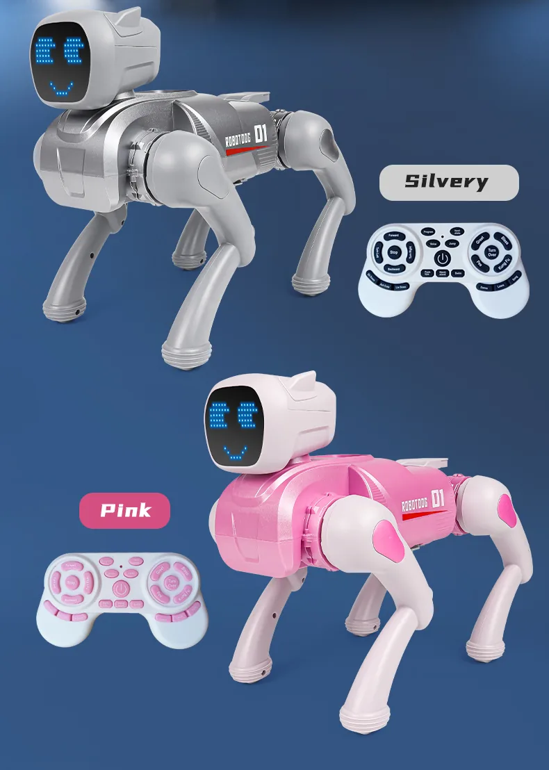 AI Smart Robot Dog – Voice Control, Programmable, 2.4GHz Remote + App, 6 Expressions (Silver / Pink)