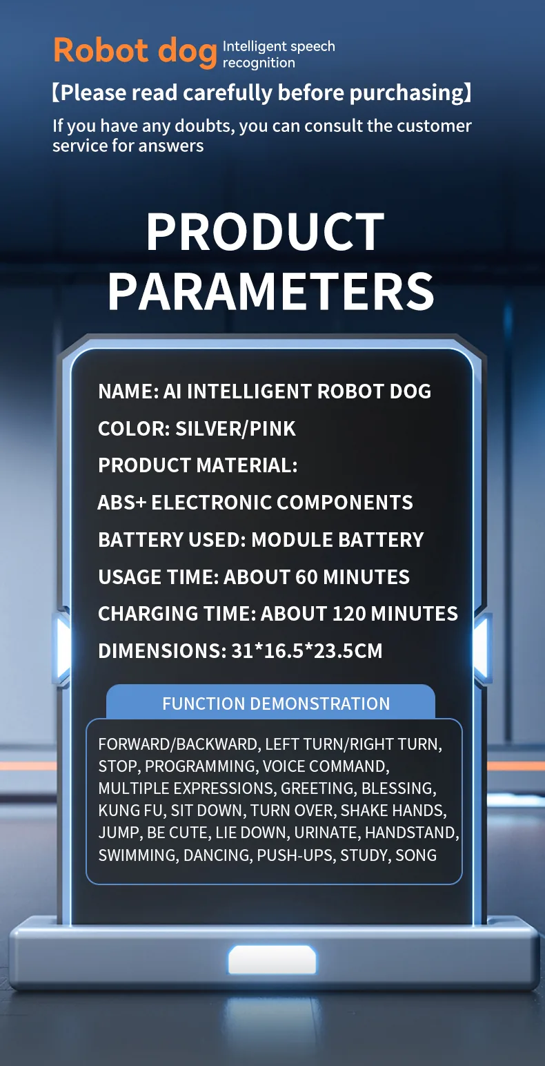 AI Smart Robot Dog – Voice Control, Programmable, 2.4GHz Remote + App, 6 Expressions (Silver / Pink)