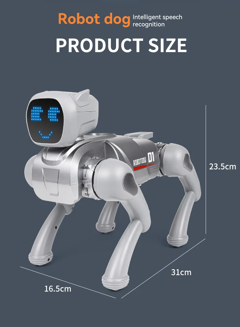 AI Smart Robot Dog – Voice Control, Programmable, 2.4GHz Remote + App, 6 Expressions (Silver / Pink)