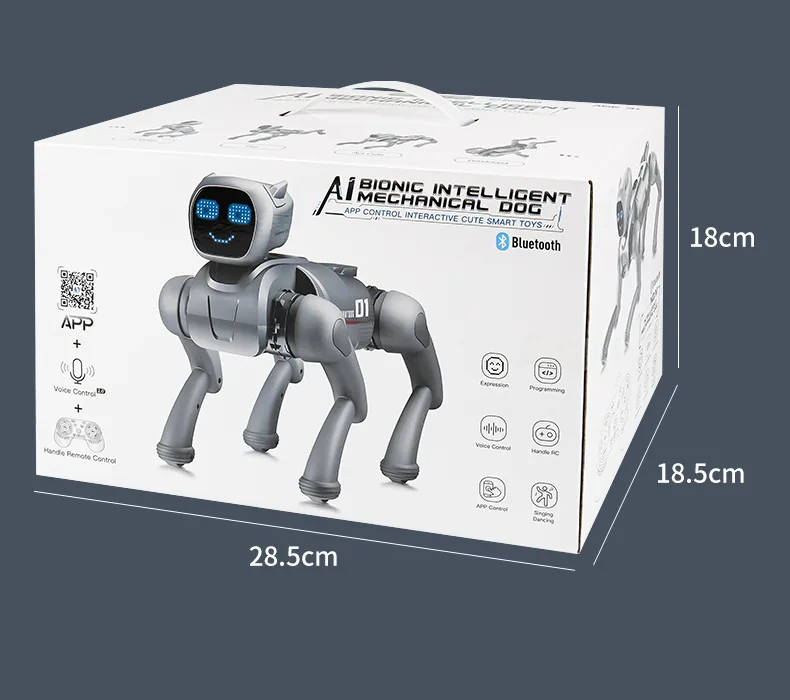 AI Smart Robot Dog – Voice Control, Programmable, 2.4GHz Remote + App, 6 Expressions (Silver / Pink)